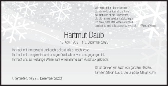 Traueranzeige von Hartmut Daub von Siegener Zeitung