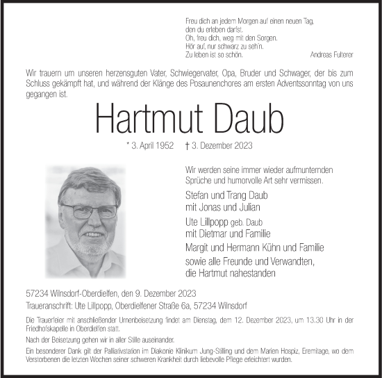 Traueranzeige von Hartmut Daub von Siegener Zeitung