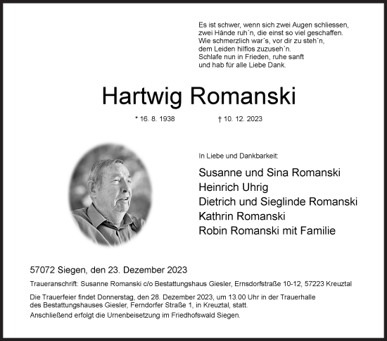 Traueranzeige von Hartwig Romanski von Siegener Zeitung