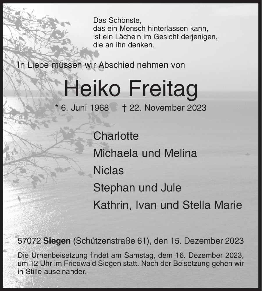  Traueranzeige für Heiko Freitag vom 15.12.2023 aus Siegener Zeitung