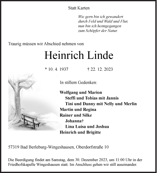 Traueranzeige von Heinrich Linde von Siegener Zeitung