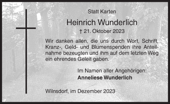 Traueranzeige von Heinrich Wunderlich von Siegener Zeitung