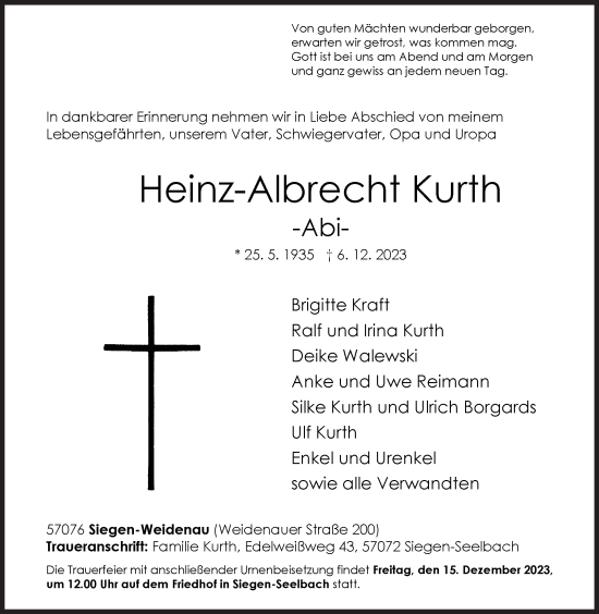 Traueranzeige von Heinz-Albrecht Kurth von Siegener Zeitung