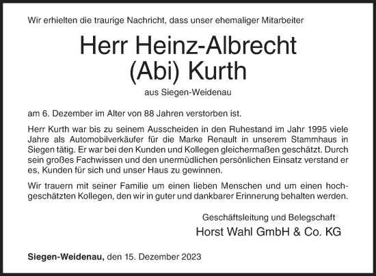Traueranzeige von Heinz-Albrecht Kurth von Siegener Zeitung