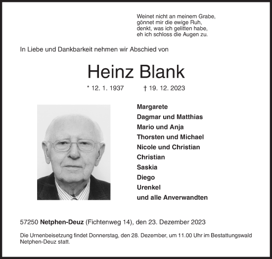 Traueranzeige von Heinz Blank von Siegener Zeitung