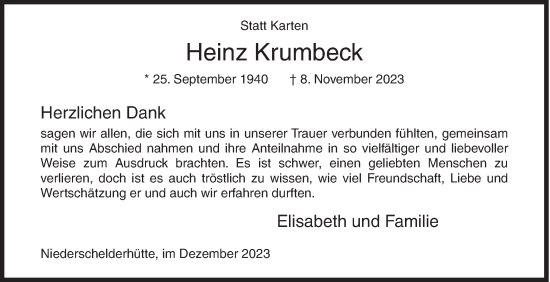 Traueranzeige von Heinz Krumbeck von Siegener Zeitung