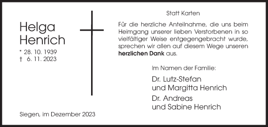 Traueranzeige von Helga Henrich von Siegener Zeitung