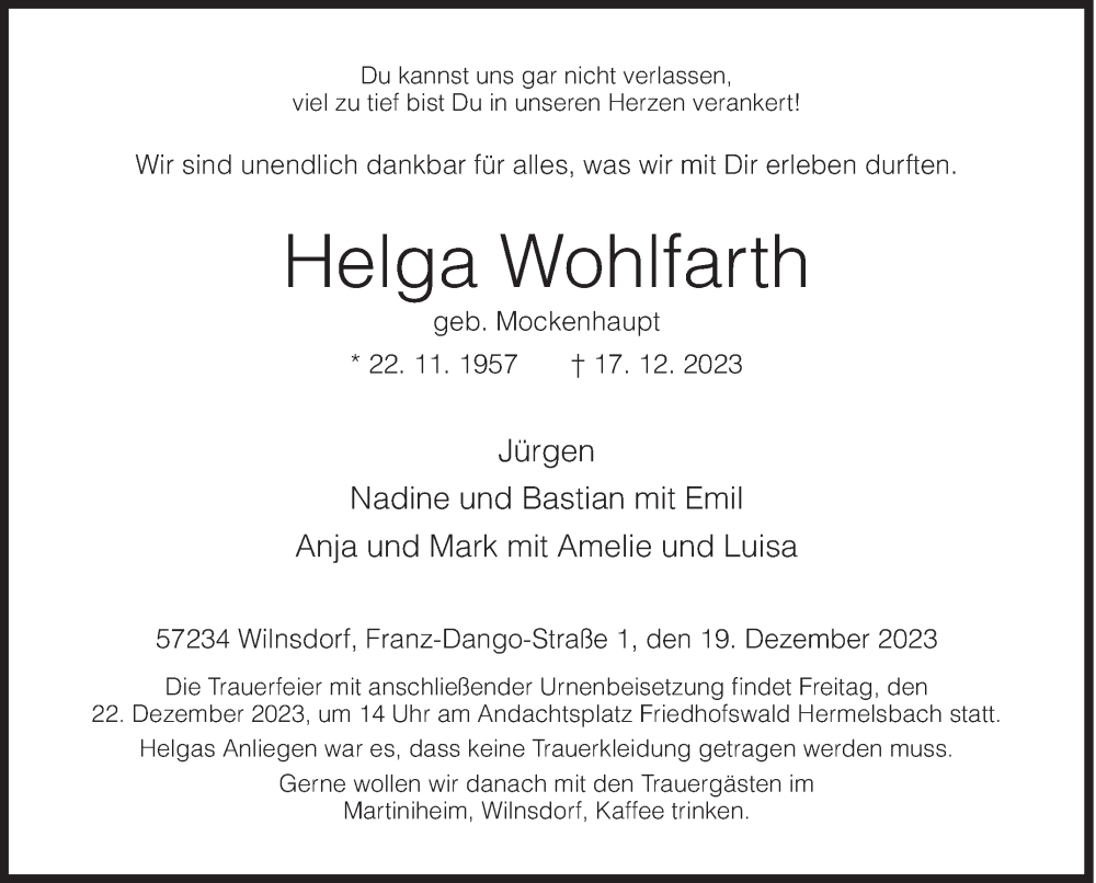  Traueranzeige für Helga Wohlfarth vom 19.12.2023 aus Siegener Zeitung