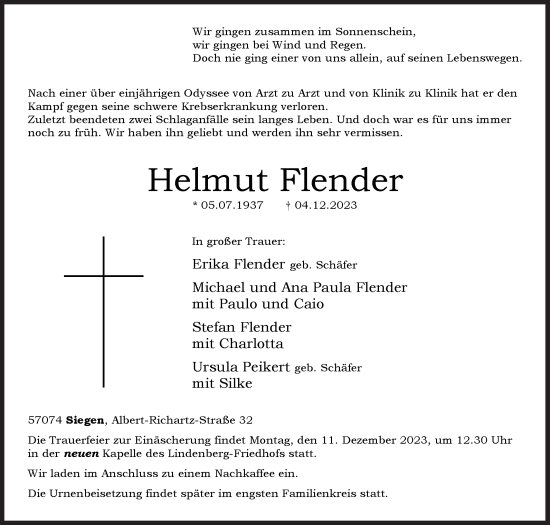 Traueranzeige von Helmut Flender von Siegener Zeitung