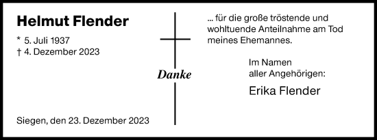 Traueranzeige von Helmut Flender von Siegener Zeitung