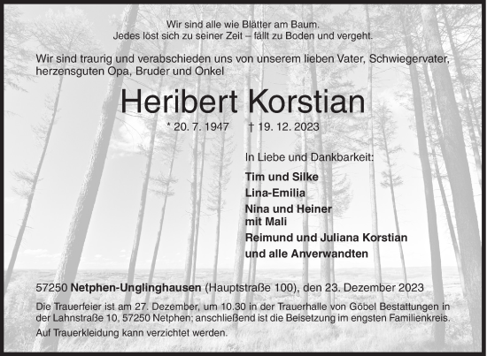 Traueranzeige von Heribert Korstian von Siegener Zeitung