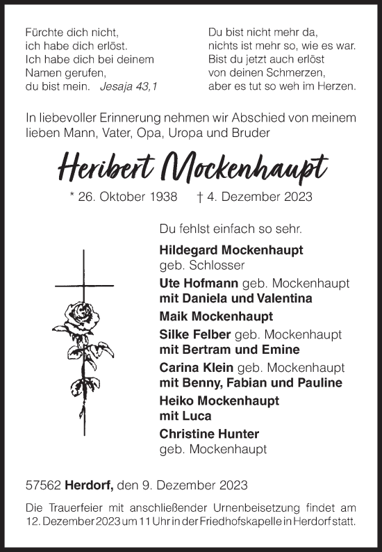 Traueranzeige von Heribert Mockenhaupt von Siegener Zeitung