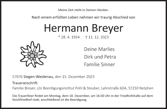 Traueranzeige von Hermann Breyer von Siegener Zeitung