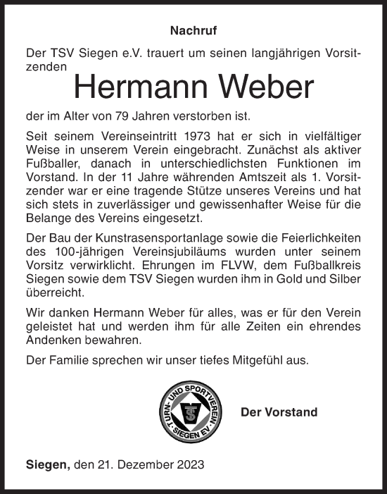 Traueranzeige von Hermann Weber von Siegener Zeitung
