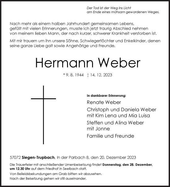 Traueranzeige von Hermann Weber von Siegener Zeitung