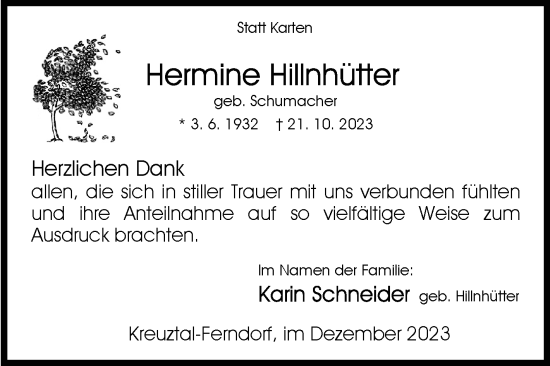 Traueranzeige von Hermine Hillnhütter von Siegener Zeitung