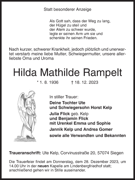 Traueranzeige von Hilda Mathilde Rampelt von Siegener Zeitung
