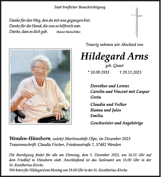 Traueranzeige von Hildegard Arns von Siegener Zeitung