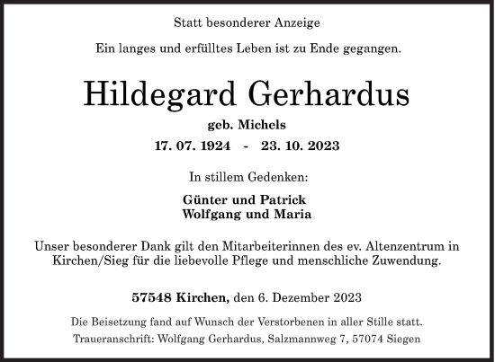 Traueranzeige von Hildegard Gerhardus von Siegener Zeitung