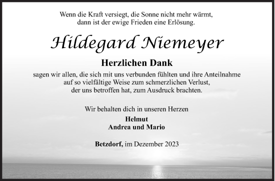 Traueranzeige von Hildegard Niemeyer von Siegener Zeitung