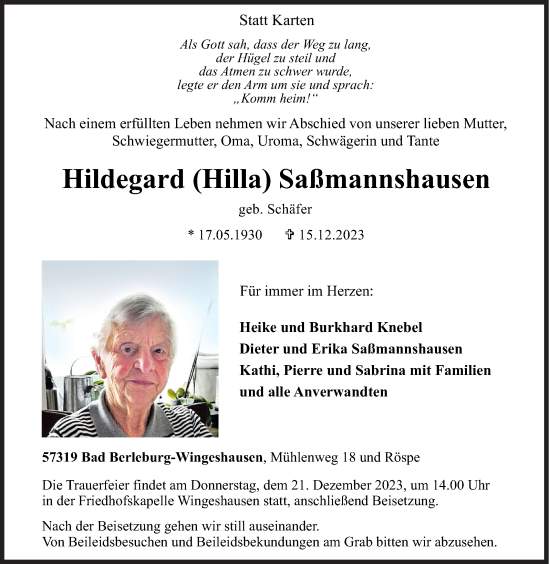 Traueranzeige von Hildegard Saßmannshausen von Siegener Zeitung