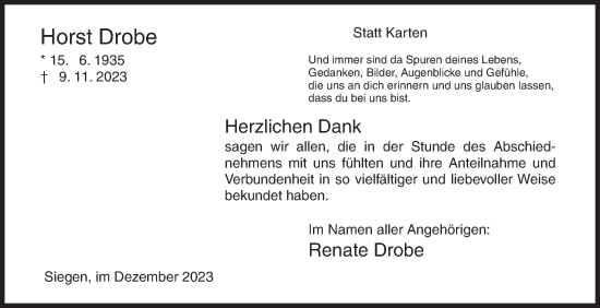 Traueranzeige von Horst Drobe von Siegener Zeitung