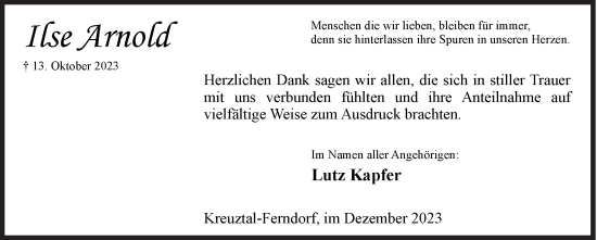 Traueranzeige von Ilse Arnold von Siegener Zeitung