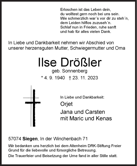 Traueranzeige von Ilse Drößler von Siegener Zeitung