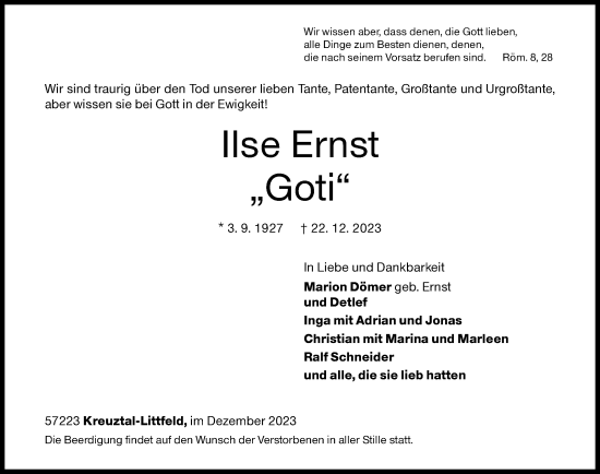 Traueranzeige von Ilse Ernst von Siegener Zeitung