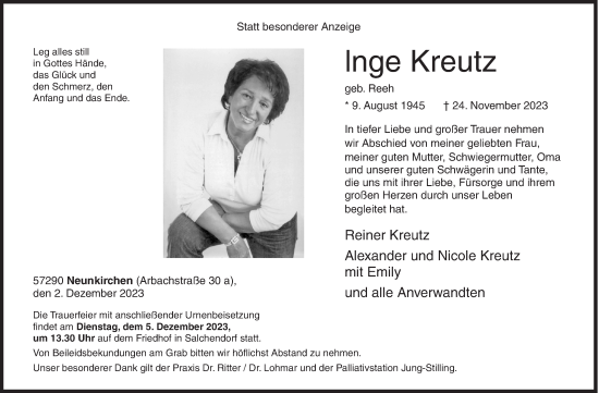 Traueranzeige von Inge Kreutz von Siegener Zeitung