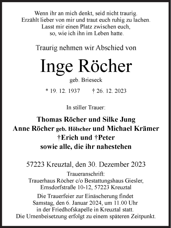 Traueranzeige von Inge Röcher von Siegener Zeitung