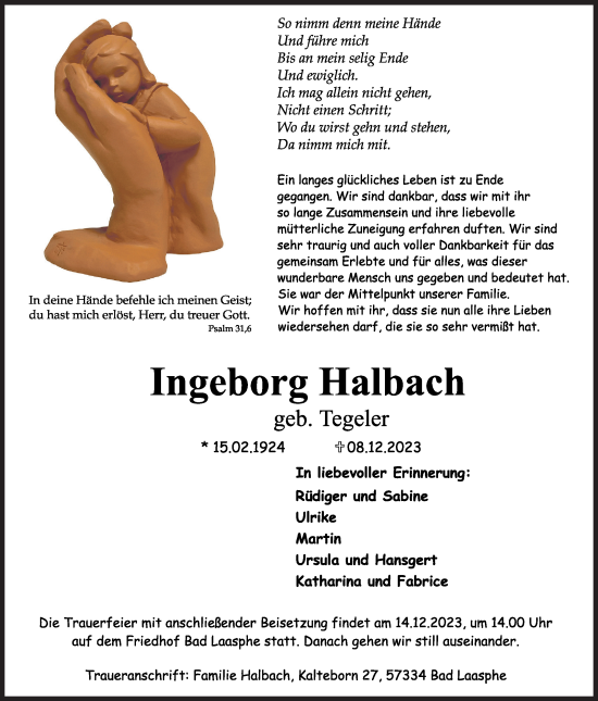 Traueranzeige von Ingeborg Halbach von Siegener Zeitung