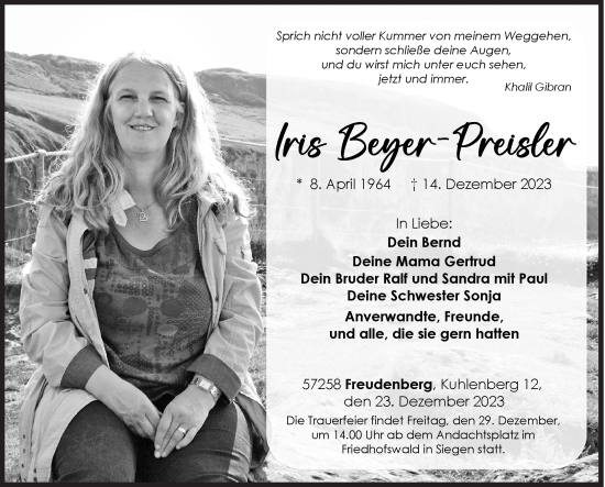 Traueranzeige von Iris Beyer-Preisler von Siegener Zeitung