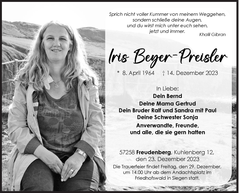  Traueranzeige für Iris Beyer-Preisler vom 23.12.2023 aus Siegener Zeitung