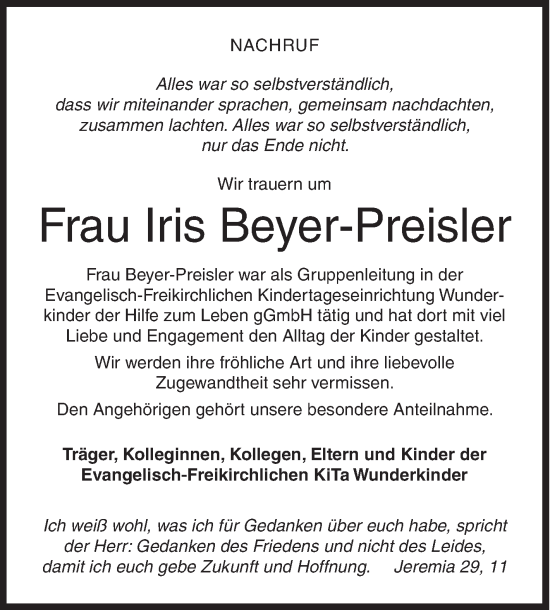 Traueranzeige von Iris Beyer-Preisler von Siegener Zeitung