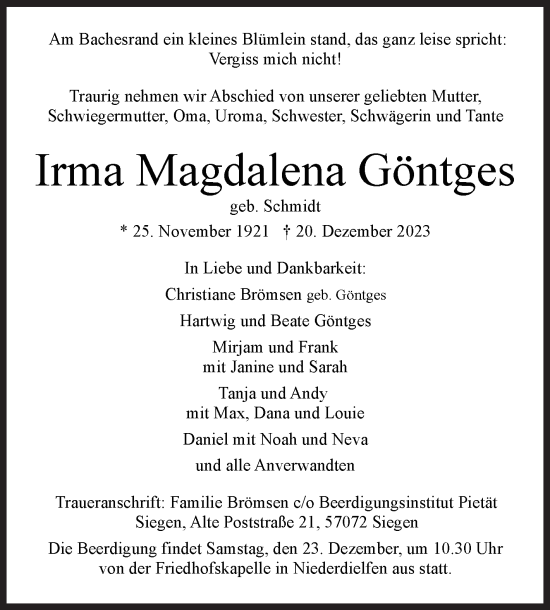 Traueranzeige von Irma Magdalena Göntges von Siegener Zeitung
