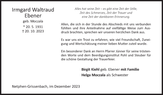 Traueranzeige von Irmgard Waltraud Ebener von Siegener Zeitung