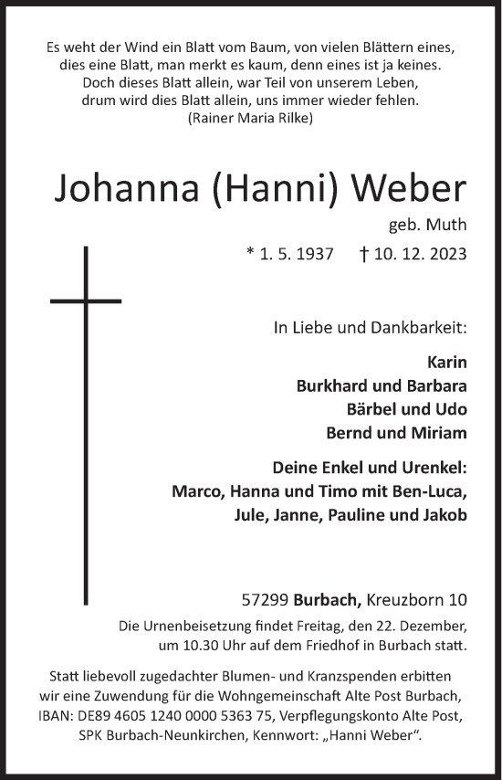 Traueranzeige von Johanna Weber von Siegener Zeitung