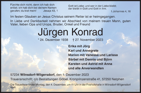 Traueranzeige von Jürgen Konrad von Siegener Zeitung