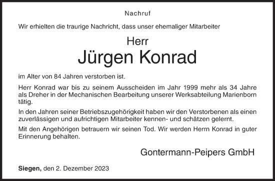 Traueranzeige von Jürgen Konrad von Siegener Zeitung