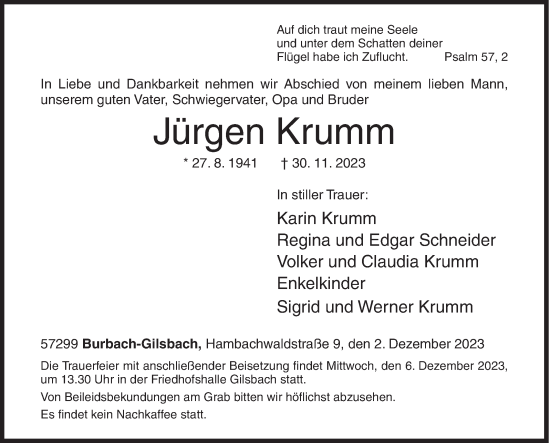 Traueranzeige von Jürgen Krumm von Siegener Zeitung
