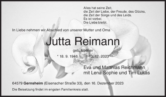 Traueranzeige von Jutta Reimann von Siegener Zeitung