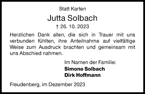 Traueranzeige von Jutta Solbach von Siegener Zeitung