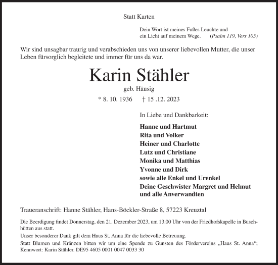 Traueranzeige von Karin Stähler von Siegener Zeitung