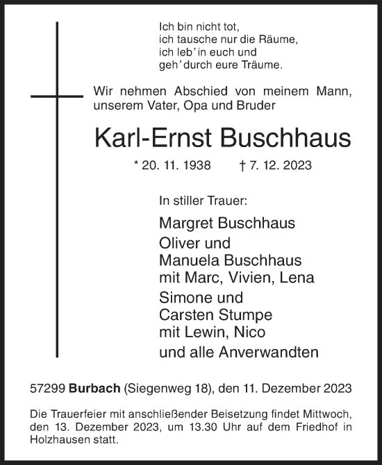 Traueranzeige von Karl-Ernst Buschhaus von Siegener Zeitung