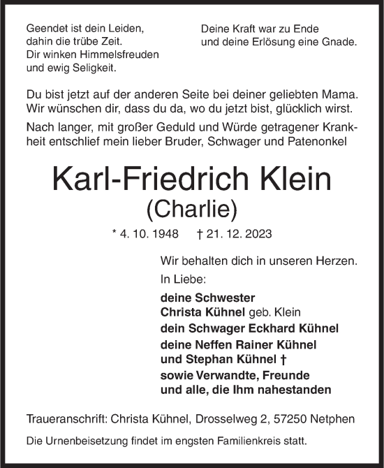 Traueranzeige von Karl-Friedrich Klein von Siegener Zeitung