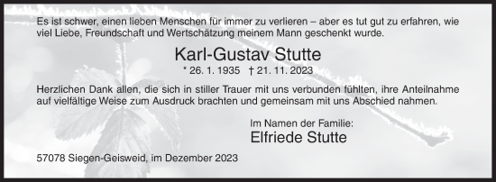 Traueranzeige von Karl-Gustav Stutte von Siegener Zeitung