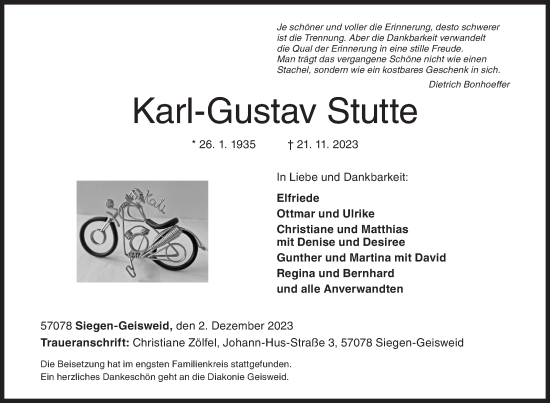 Traueranzeige von Karl-Gustav Stutte von Siegener Zeitung