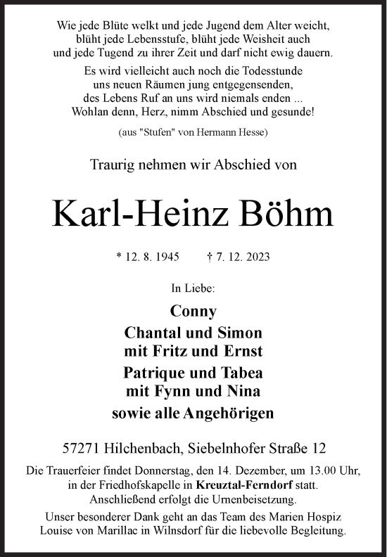 Traueranzeige von Karl-Heinz Böhm von Siegener Zeitung