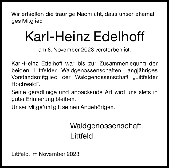 Traueranzeige von Karl-Heinz Edelhoff von Siegener Zeitung